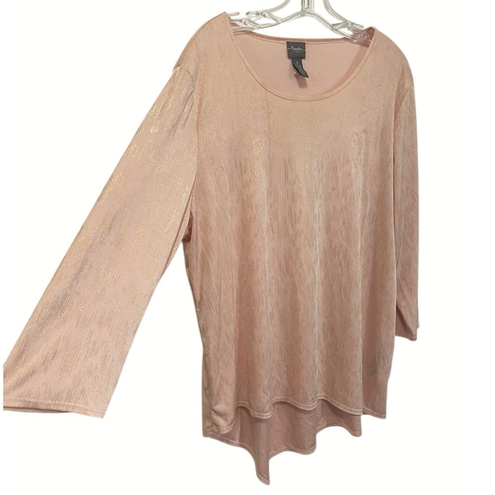 chico’s travelers pink peach gold metallic stretchy Top 3/4 sleeve Sz (3)  / 16